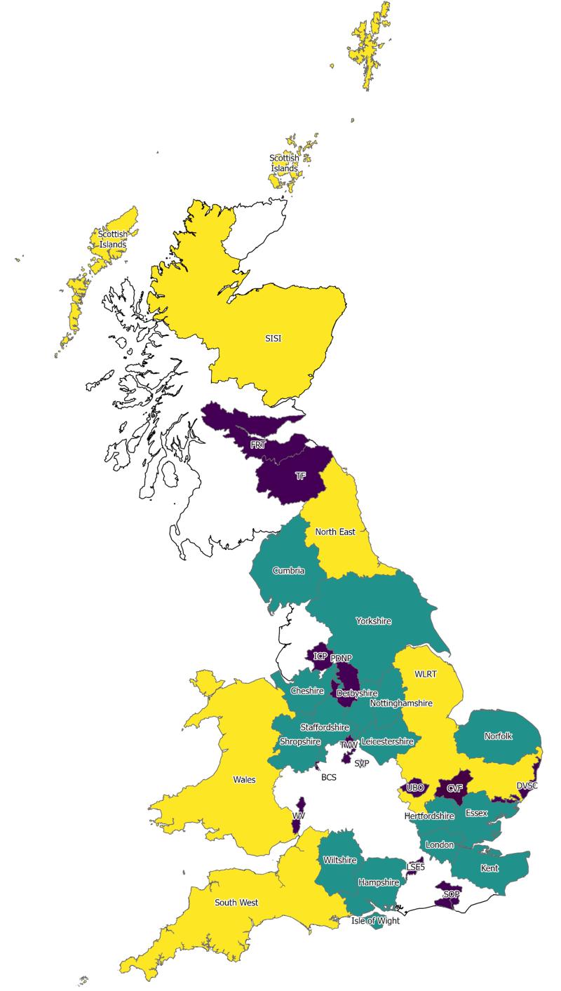 Map of Great Britain with yellow, green and purple shading covering most of the land area to represent the presence of a Local Action Group. Parts of western Scotland, the west midlands, north west, and the central south coast are unshaded indicating that no Local Action Groups operate in these areas, 